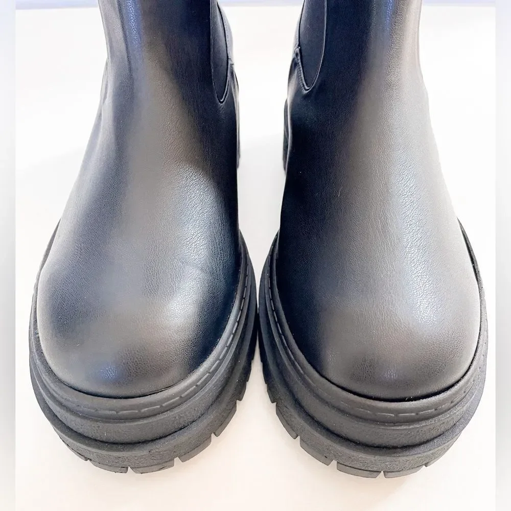 New Good American Black Leather Pull On Platform Boots - Picture 4 of 13